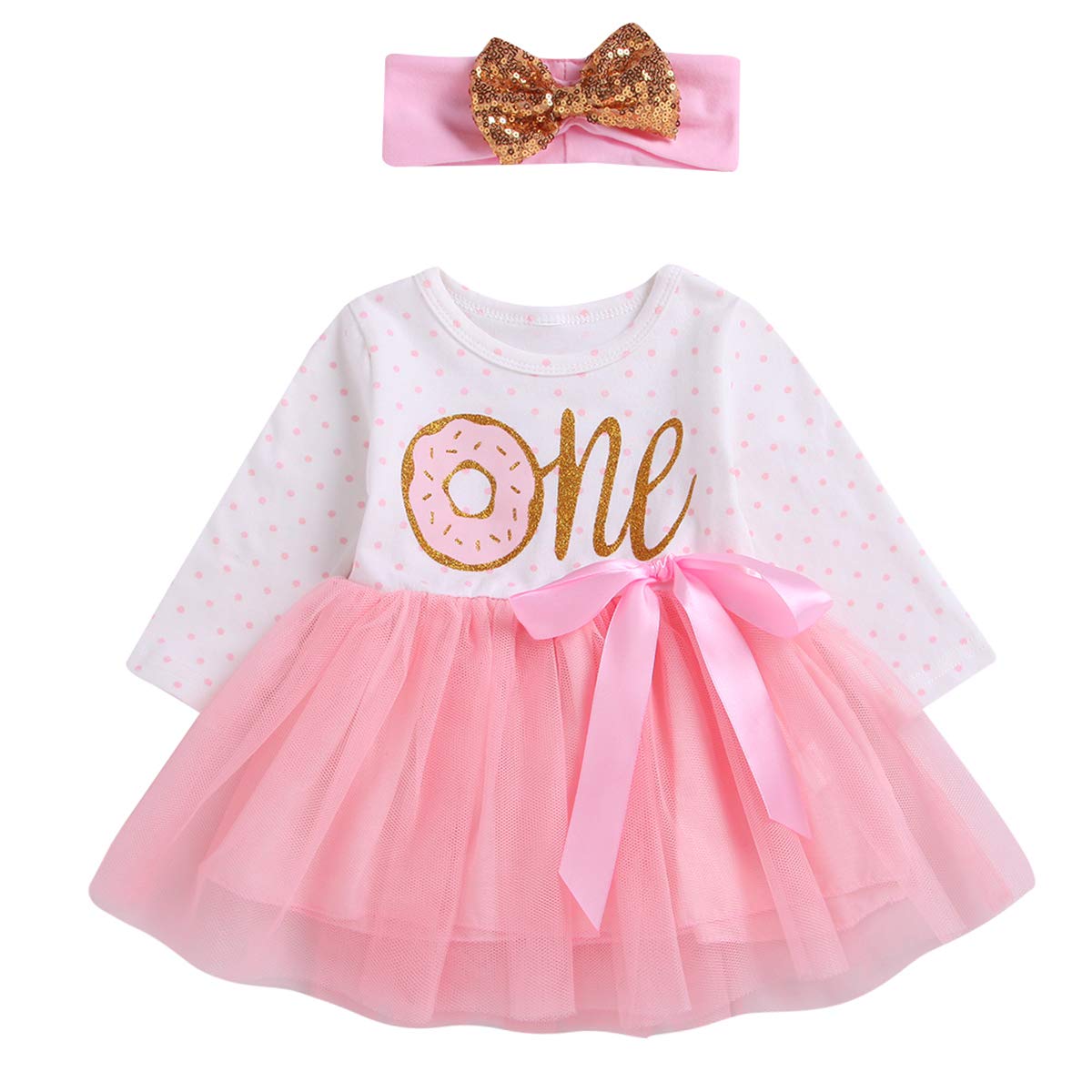 ODASDOBaby Girl First Birthday Dress Donut Print Princess Tutu Tulle Skirt Headband One Year Party Cake Smash Outfit
