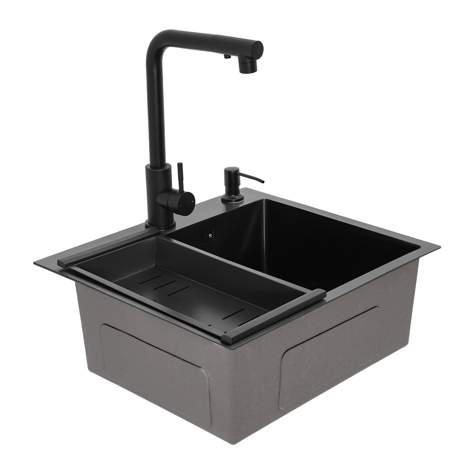 Gootsteen zwart spoelbak zwart 40x45cm inbouwspoelbak X-vormige richtlijn wastafel keuken keukenspoelbak incl. uittrekbare kraan, kopjesspoeler, afdruiprek en zeepdispenser