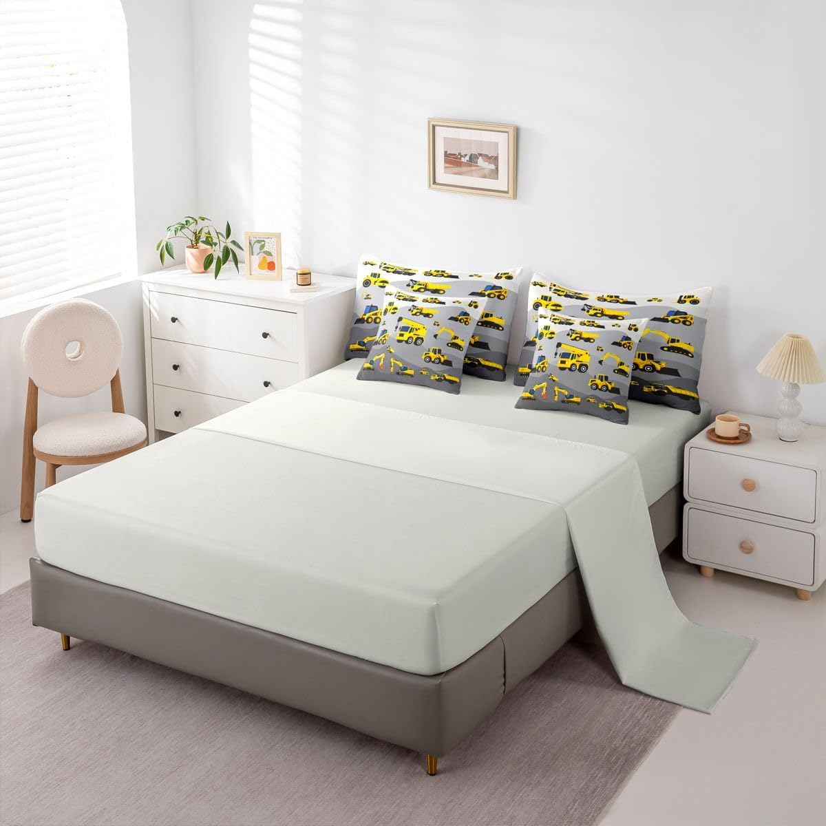 Feelyou Excavator Full Comforter Set with Sheets for Kids Boys Girls Construction Vehicles 7 Pieces Bedding Set Cartoon Car Bed in a Bag Room Decor Soft Lightweight Microfiber