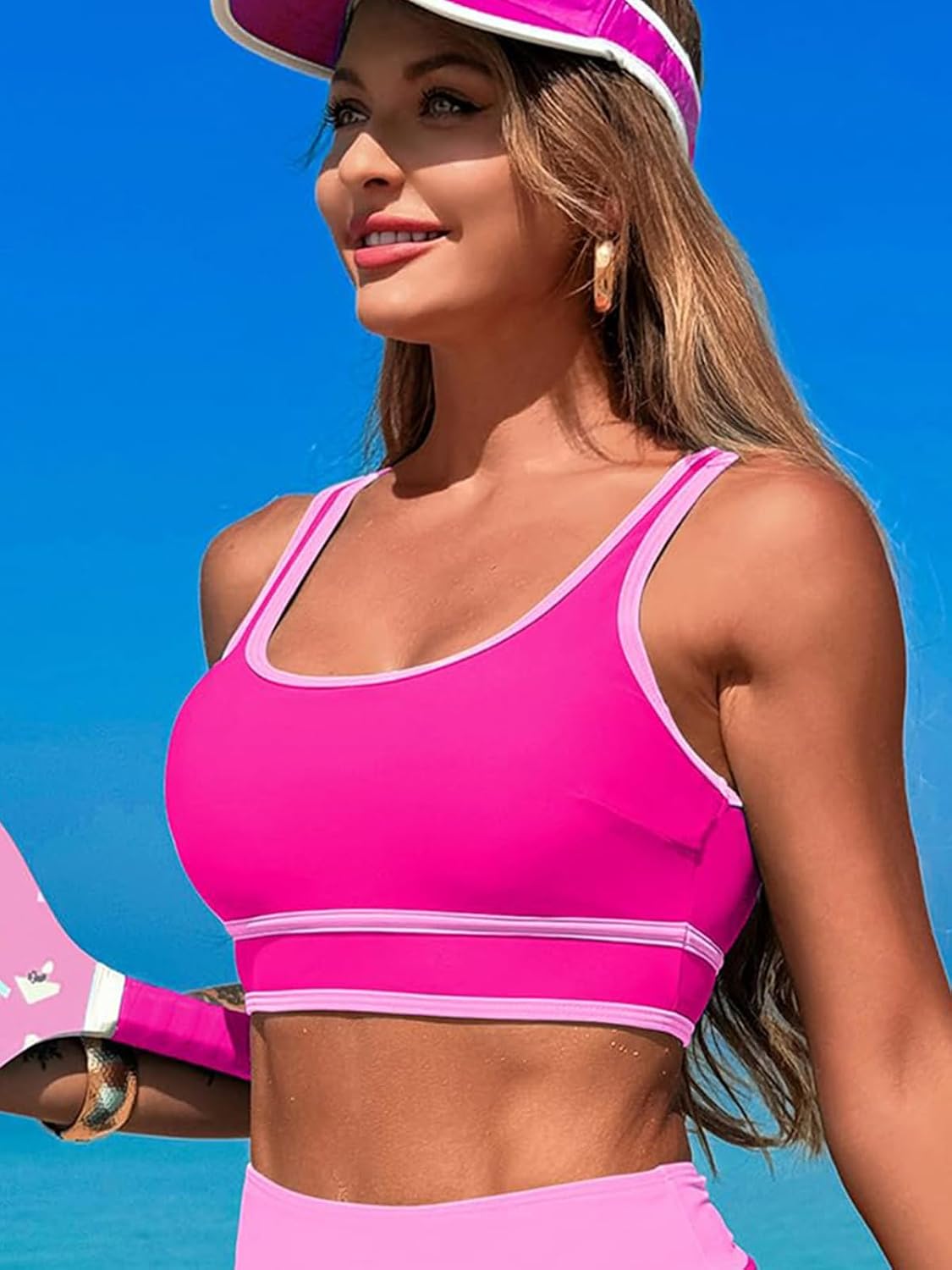 Bikini Tops for Women Sport Bra Swimsuit Top Color Block Push Up Padded Bathing Suit Top Cropped Tankini Tops Only