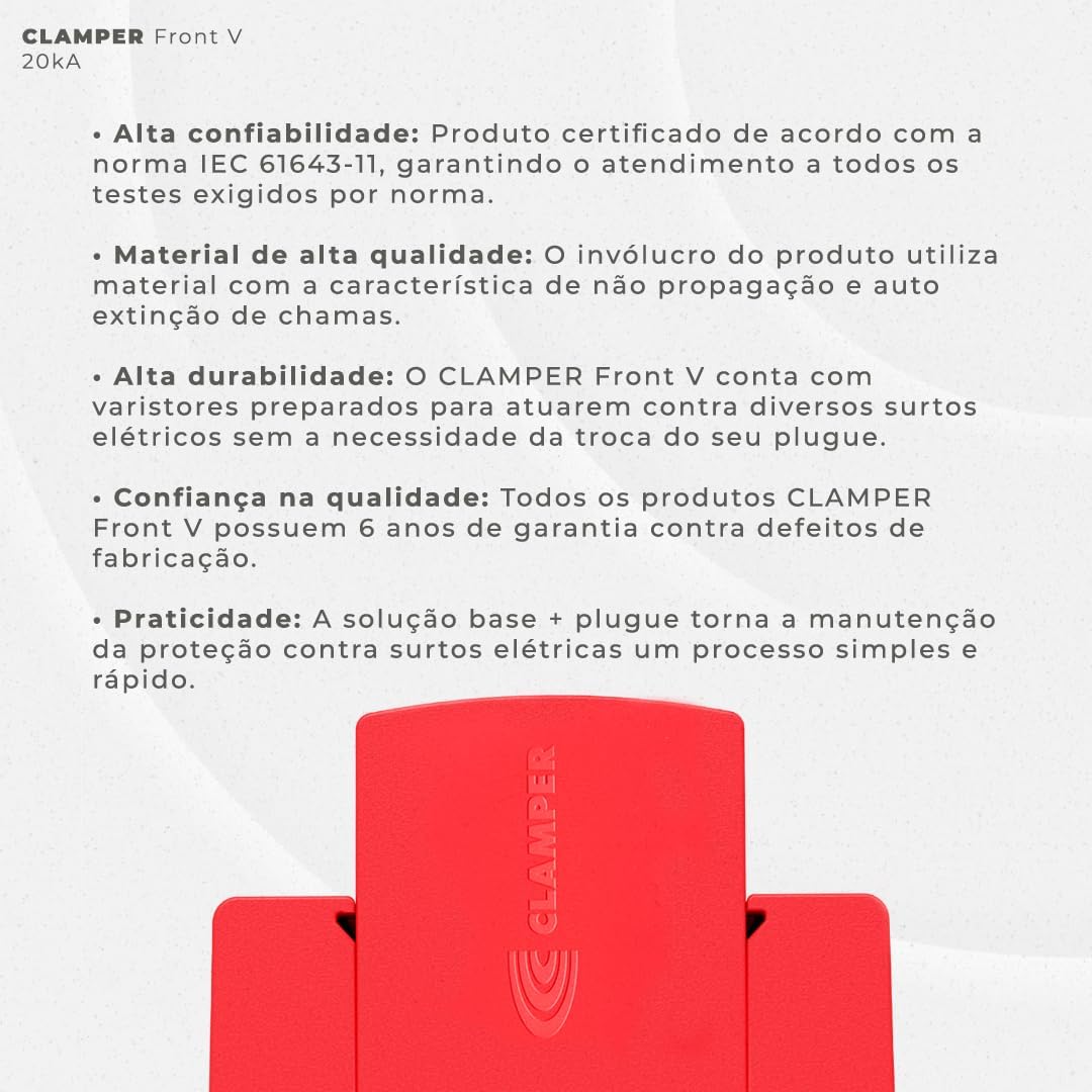 Protetor contra Raios e Surtos Elétricos CLAMPER Front V 20kA, 275V, Corrente Alternada, Classe II, para aplicação em Quadros Elétricos e de Distribuição, DIN 35 mm