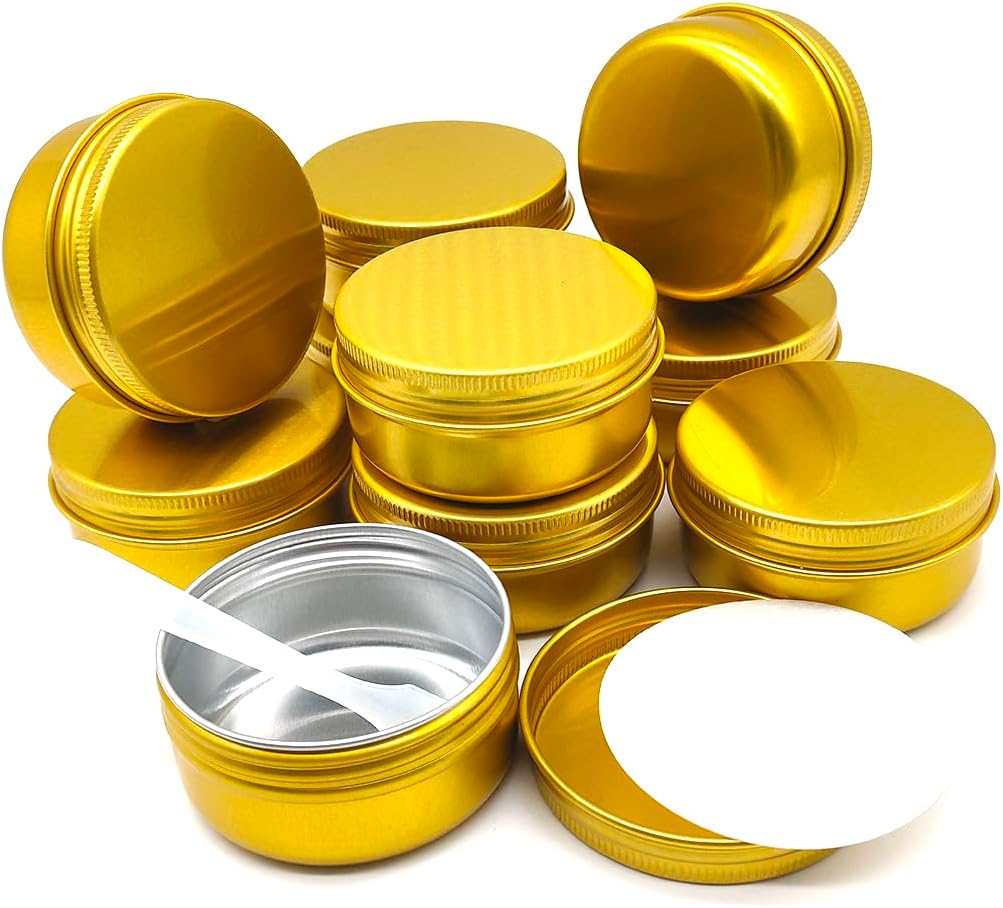 10pack 50ml Aluminum Tin, 50 Gram Gold Container Leak Proof Cosmetic Jars, 50g Small Makeup Containers Round Screw Lids for Cosmetic, Salves, Lip Balms, Toner, Cream, Candle, Tea, Beads, Wax