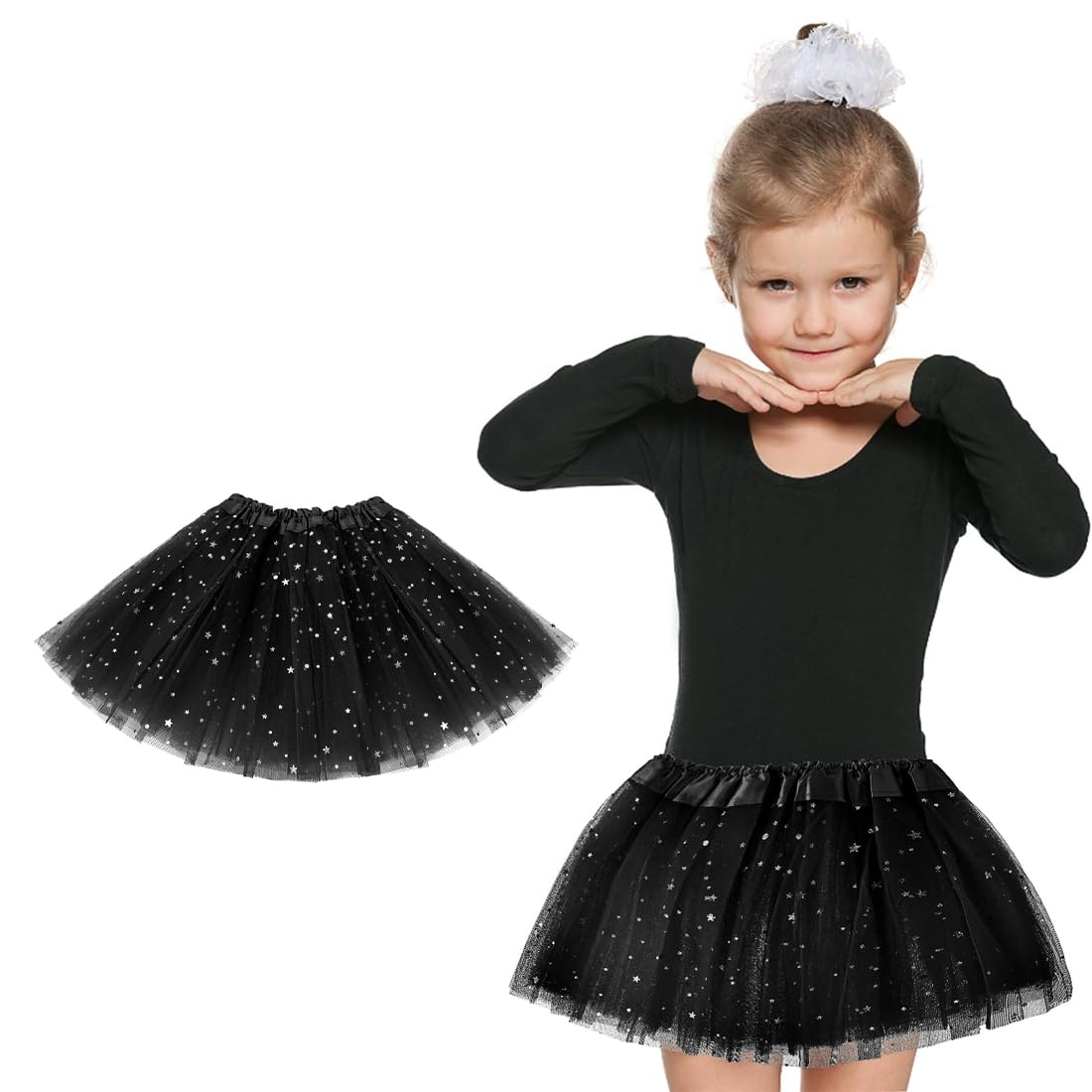 NHQZ Gonna Tulle per Bambine, Tutu Skirt per Ragazze 2-8 Anni, Nero, Tulle Poliestere, Vita Elastica, 30 cm, Per Feste e Spettacoli