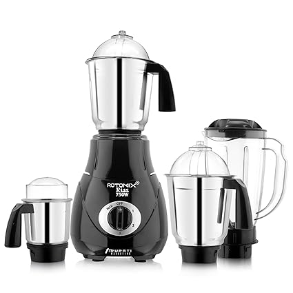 Rotomix New Excellent Model RIAA 750-Watts Mixer Grinder with 3 Stainless Steel Jars and 1 ABS Juicer Jar (Dry Jar, Chutney Jar, Liquid, Juicer Jar) Black
