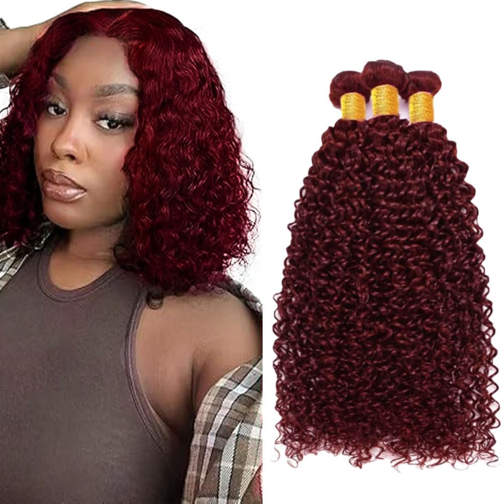 99J Burgundy Human Hair Bundles Curly Wave 10 12 14 inch Color 99J Bundles Dark Burgundy 100 Gram Per Bundle 300g Total Brazilian Unprocessed Virgin Hair
