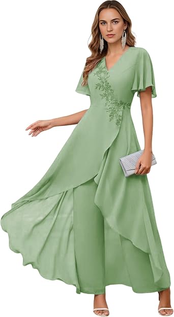 Chiffon Mother of The Bride Pant Suits - Lace Appliques Short Sleeves Wedding Formal Jumpsuits