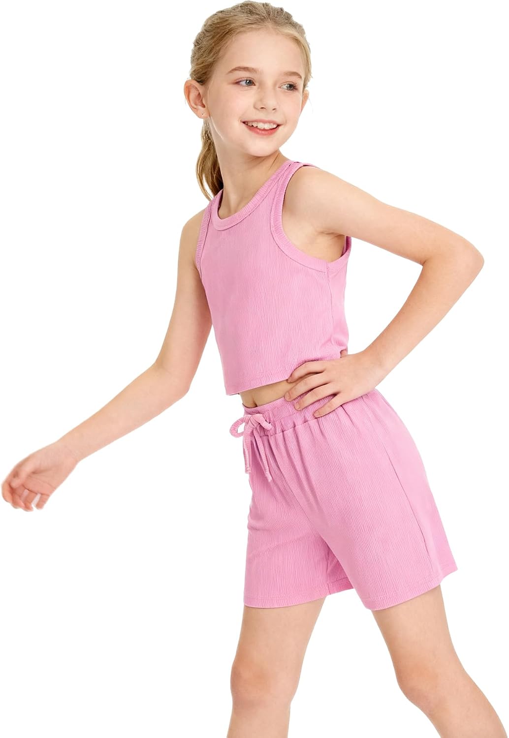 NEW 6-14Y Tween Girls Stretchy Rib Knit Outfit Rayon Tank & Shorts Set Casual Lounge Playwear