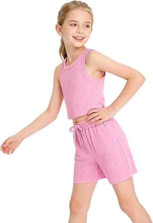 NEW 6-14Y Tween Girls Stretchy Rib Knit Outfit Rayon Tank & Shorts Set Casual Lounge Playwear