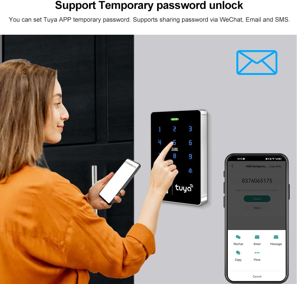 Woman using a smartphone to generate a temporary password for the FUSYTULY Keypad, with options to share via various messaging apps.