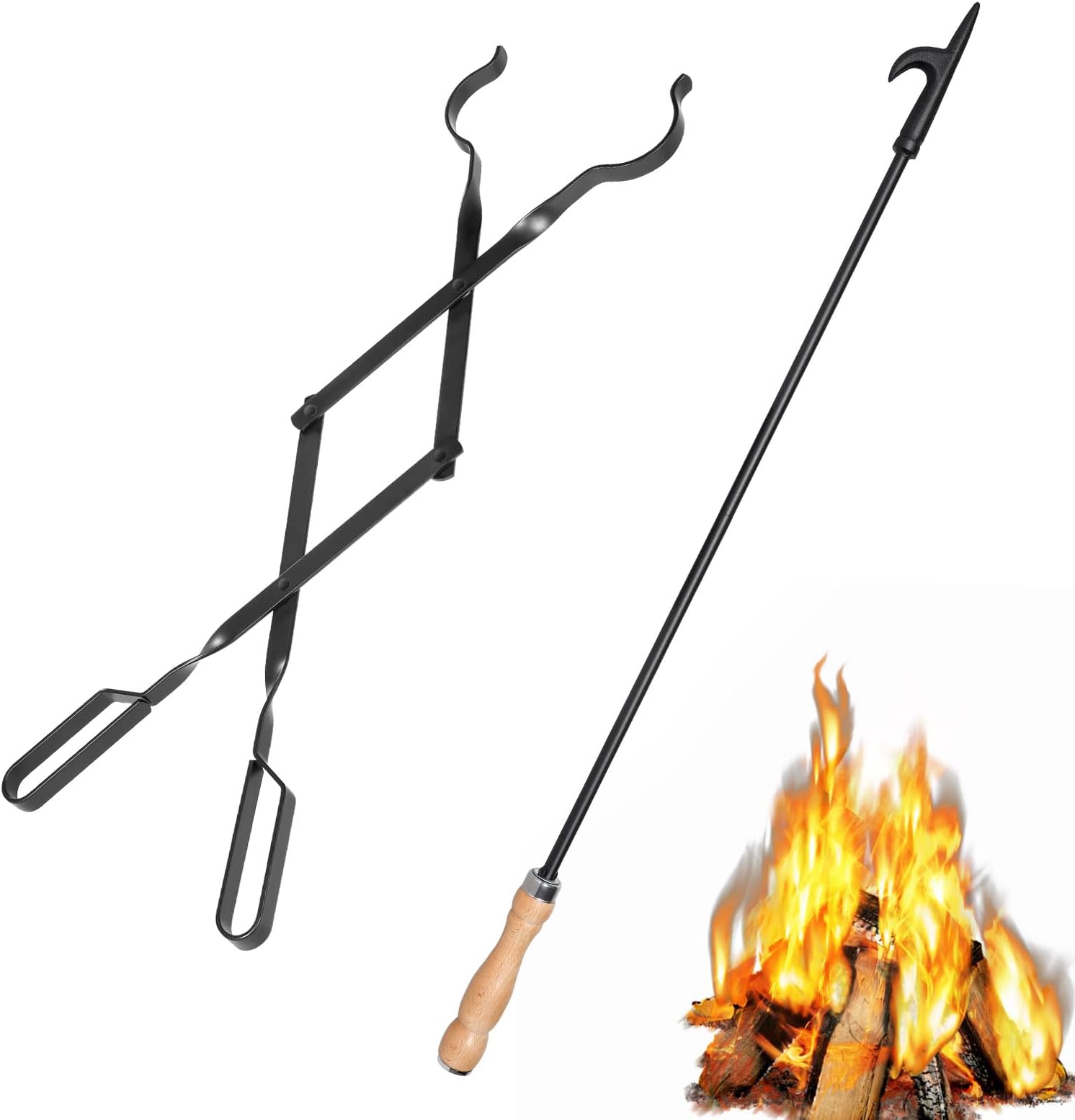 26" Fireplace Fire Pit Tongs & 32" Fire Pit Poker, Fireplace Wood Stove Firewood Tongs, Black Heavy Duty Wrought Iron Log Grabber Tools for Campfire, Bonfires, Indoor & Outdoor Use