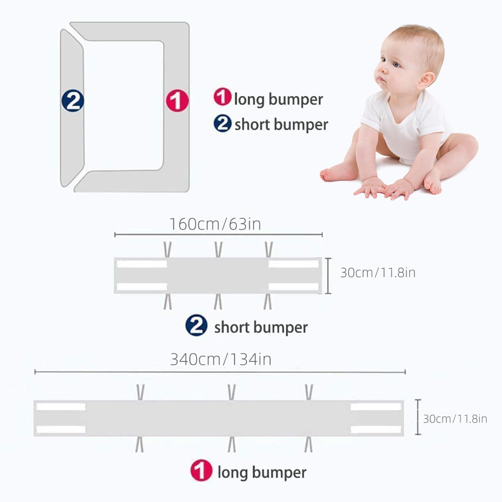 2 Pièces Tours de Lit Bébé Cabane,4 Côtés Tour de Lit Respirant Doublure en Maille 3D Anti-Flux d'air,Protection des Bords,Réglable, Amovible - 340cmx30cm + 160cmx30cm (Ours)