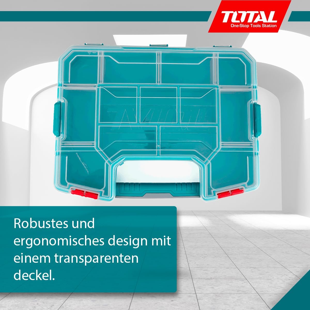 TOTAL - Stackable Plastic Organiser Box | With Handle and Transparent Lid | Rounded Corners | Durable and Sturdy | Dimensions 370 mm x 290 mm x 65 mm | Adjustable Compartments | Blue