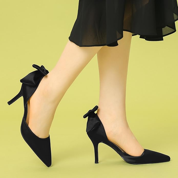 Pointed Toe Bow Satin Stiletto Heels Pumps