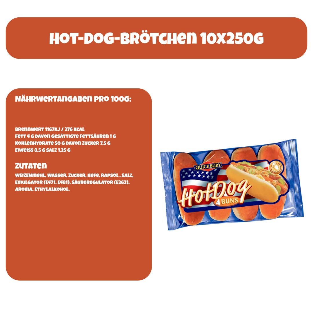 40x Hot Dog Brötchen (10x250g) – 4er-Packungen für Grill, Party & Vorrat - Soft & Frisch