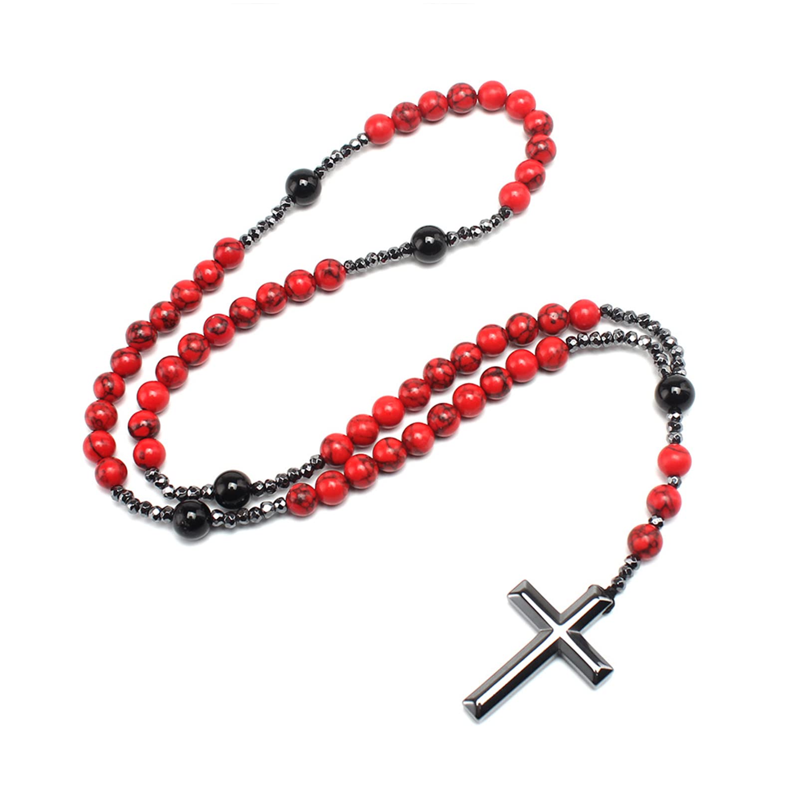 Nawwgy Stone Rosary Necklaces Catholic Pendant Necklaces for Men Women Jewelry Religious Black Gallstone