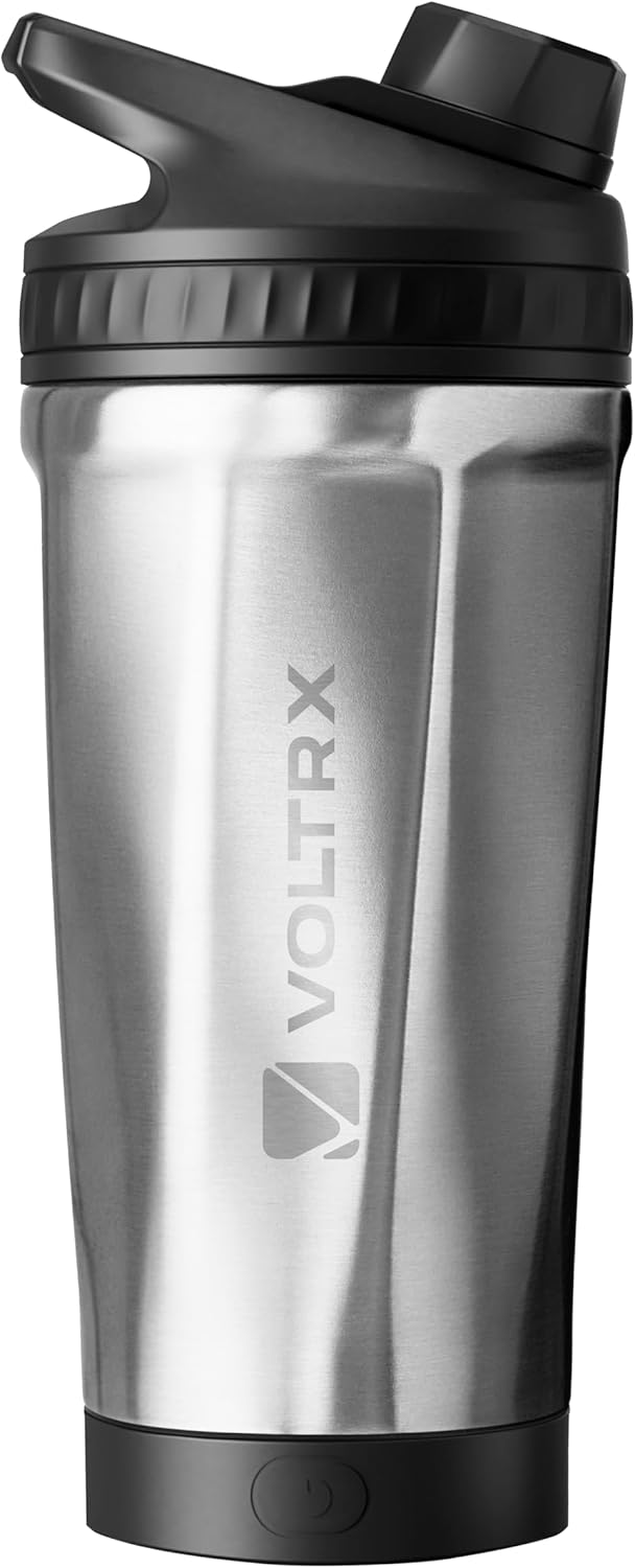 VOLTRX ChillMix Shaker Bottle Insulated Stainless Steel – USB C Rechargeable Electric Protein Shake Mixer, Shaker Cups for Protein Shakes and Meal Replacement, Chrome Steel, 16 oz