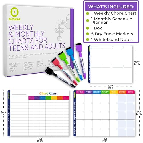 QUOKKA Magnetic Chore Chart for Adults and Multiple Kids - Routine Chart Board for Family Calendar - Weekly Tasks - Montly Planner - Daily Notes - Behavior Reward Dry Erase Schedule