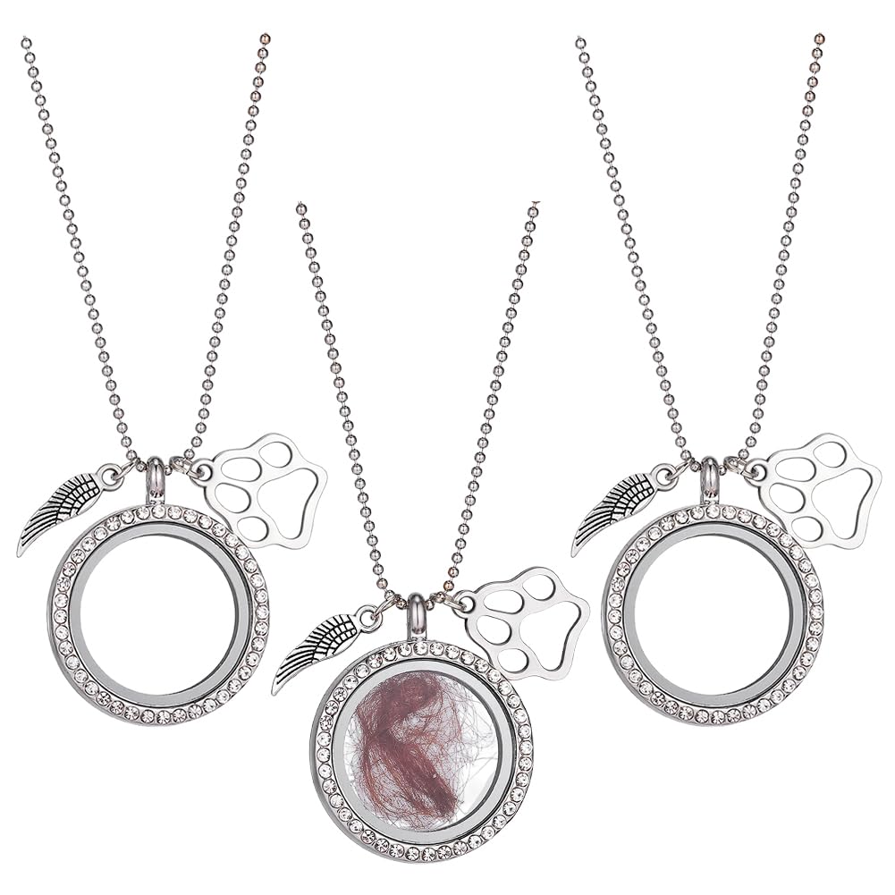 DELORIGIN 3Pcs Pet Fur Jewelry Keepsake Necklace Rhinestone Pet Fur Locket Necklace Pet Ashes Memorial Keepsake Urn Pendant Necklace for Dog Cat Name Photo Portrait Memorial Jewelry Gift (Silver)