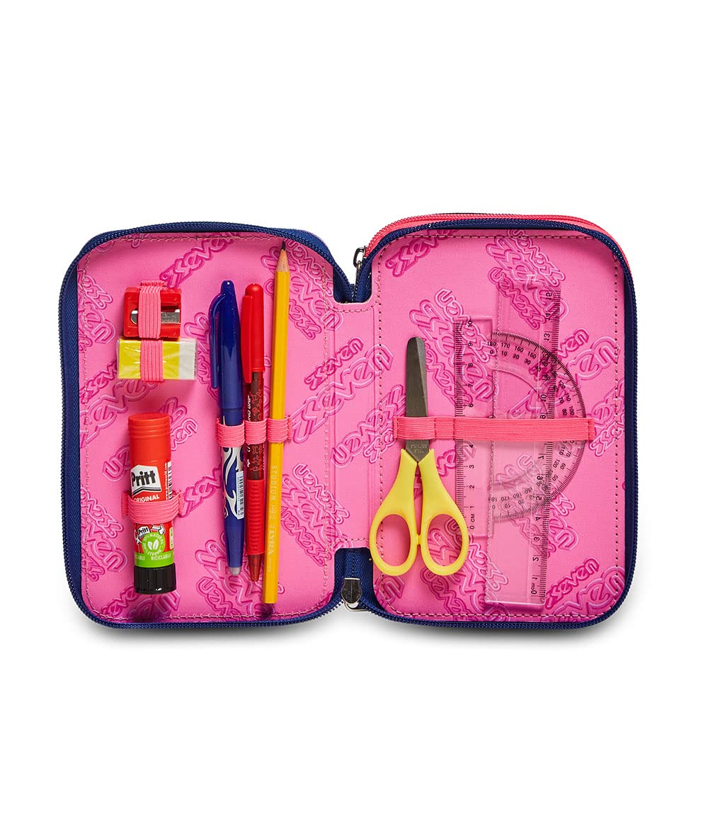 Astuccio Scuola Seven 3 Scomparti - Rock on Girl Ragazza - Completo di Matite, Pennarelli - Blu