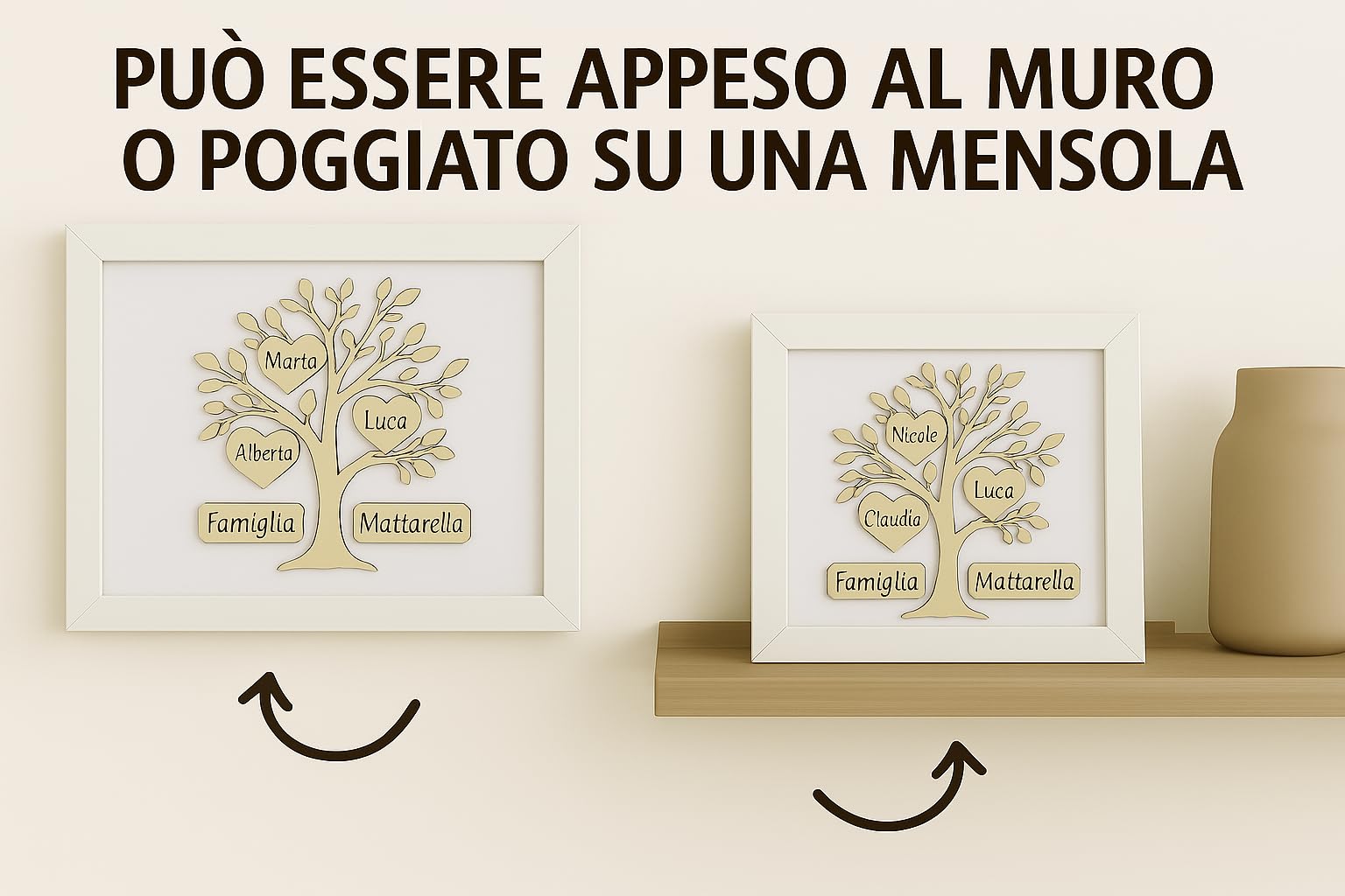 Stileitaliano Quadro Personalizzato Albero della Vita in Legno con Cornice, Regalo Famiglia con Nomi Incisi, Decorazione da Parete o Tavolo, Bianco