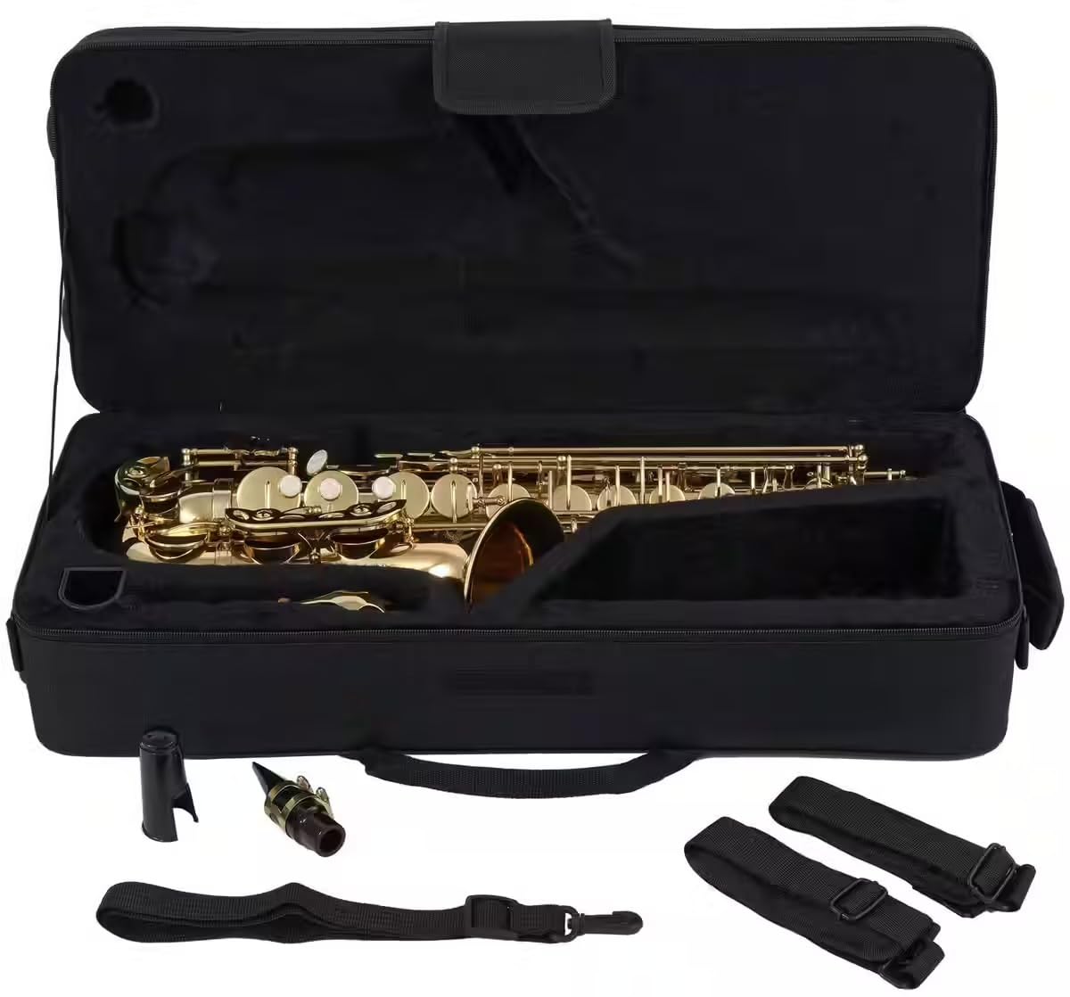 Woodbrass WSA100 - Sassofono Alto Mi Verniciato – Strumento Principiante Pronto a Giocare, Ottone Verniciato, Timbri Pelle con Risonatori Metallo, Custodia & Accessori Inclusi