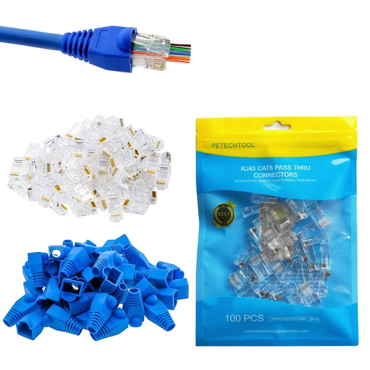 PETECHTOOL RJ45 Cat6 Pass Through Connectors with Strain Relief Boots