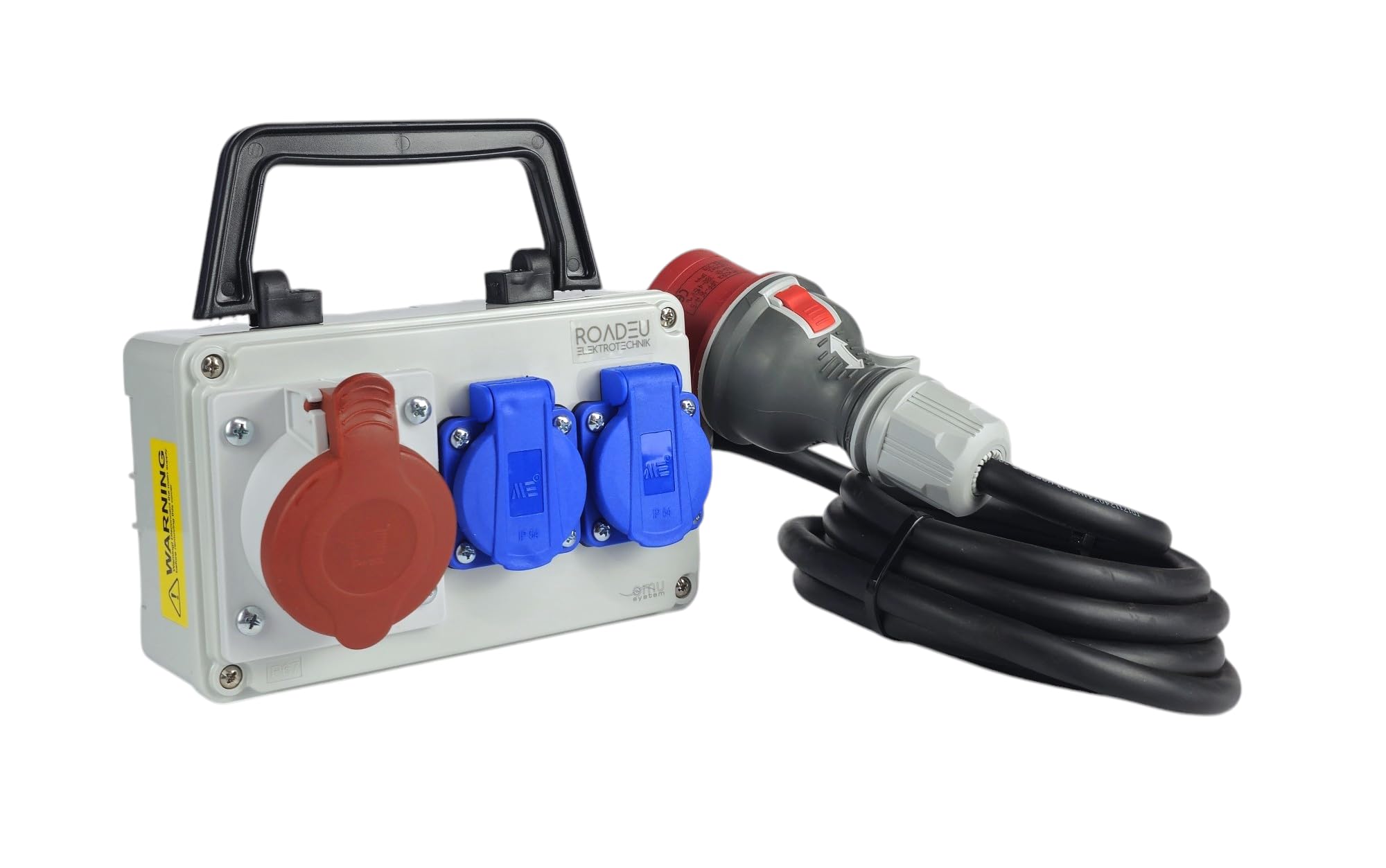 RoadEu - CEE Steckdose 16A und 2x Schuko Verteiler - Steckdosenverteiler - Stromverteiler 16A, Mobilverteiler - Stromkabel 10 meter - Baustromverteiler mit CEE Stecker 16A