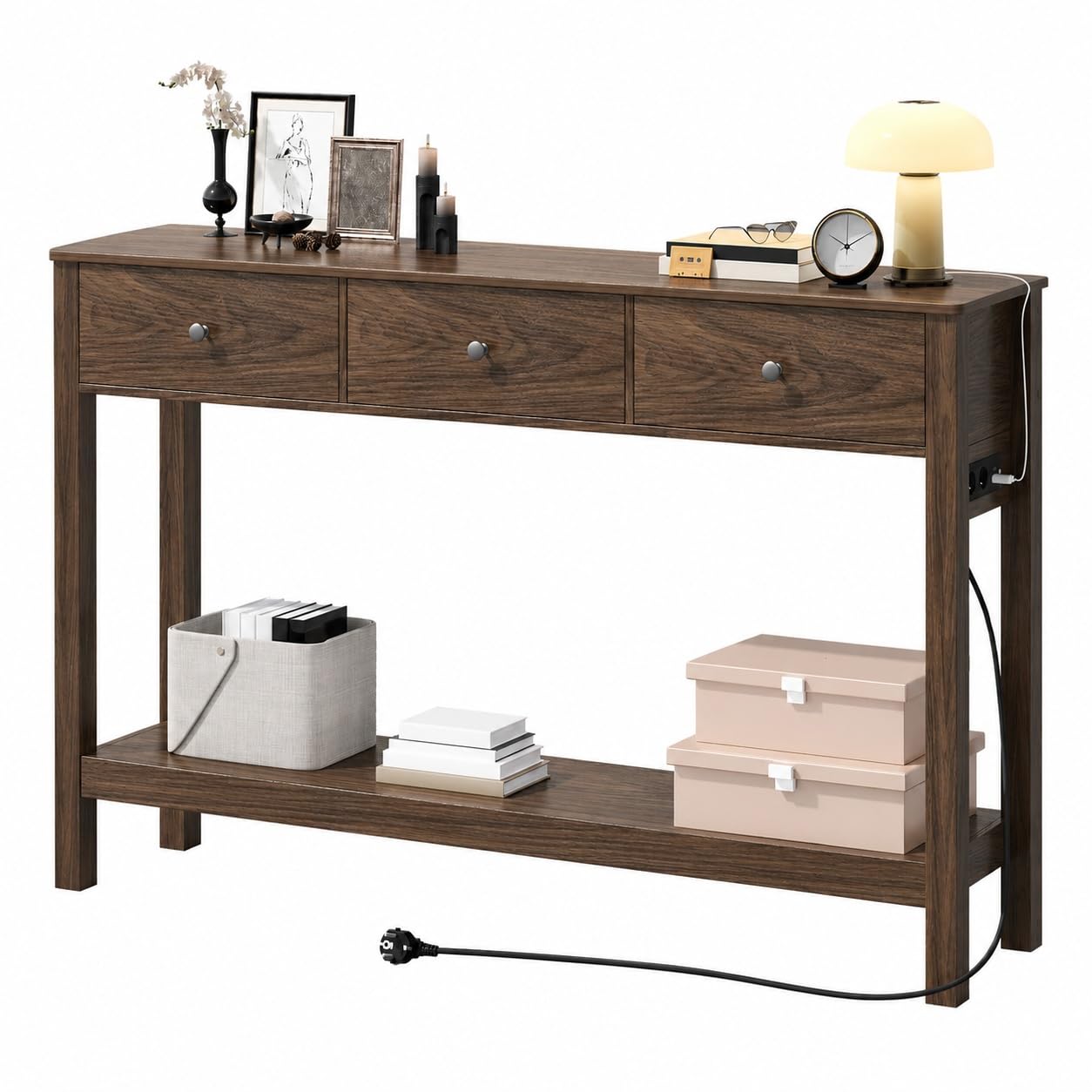 Xbro Mesa de Consola con Tomas de Corriente, Mesa de Pasillo con 3 Cajones y Estante, Mueble Recibidor Entrada para Entrada, Pasillo,Salón,130 x 30 x 80 cm,Marrón
