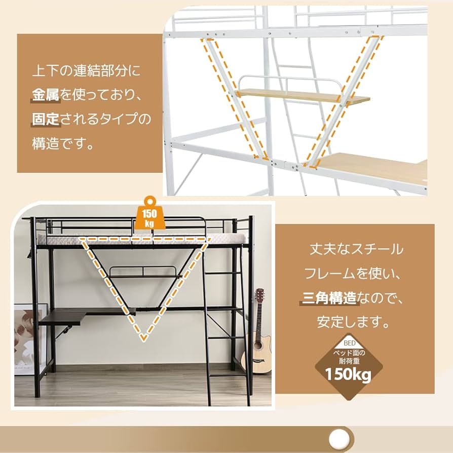 OSJロフトベッド シングル コンセント付き 宮棚 机付き パイプベッド