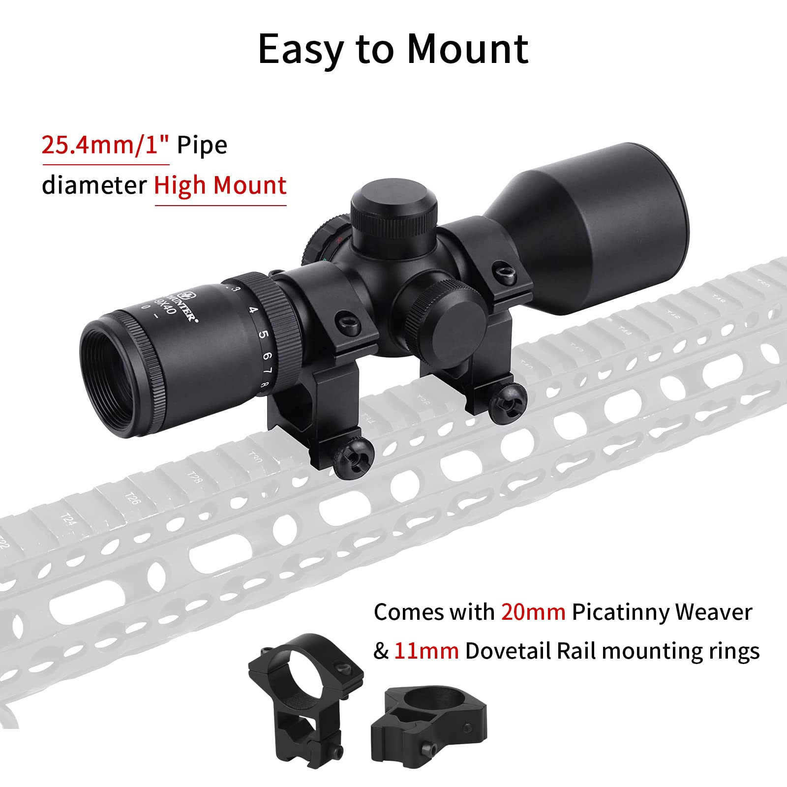 Cannocchiale da Puntamento Tattico 3-9x40E Rifle Scope Mirino Ottico Compatto con Anelli Montaggio Weaver 20 mm