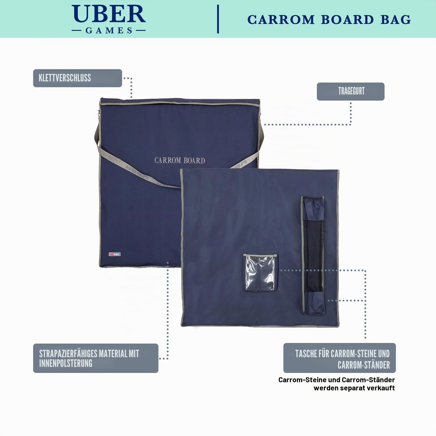 Uber Games – Premium Carrom Board Set – 78x78cm Offizielles Spielbrett mit 24 Holz-Münzen, 1 Acryl-Münze, 30g Pulver und Regelheft – Made in India (Brett+Tasche) für 2-4 Spieler ab 12 Jahren
