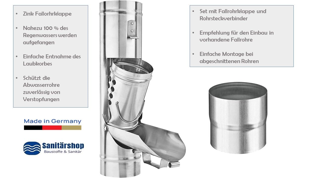 zbs24 Zink Regenwassersammler mit Laubkorb 80mm - Regenrohrklappe mit entnehmbaren Laubkorb, zum effizienten auffangen von Regenwasser, mit Muffe für einfache Verbindung mit dem Fallrohr