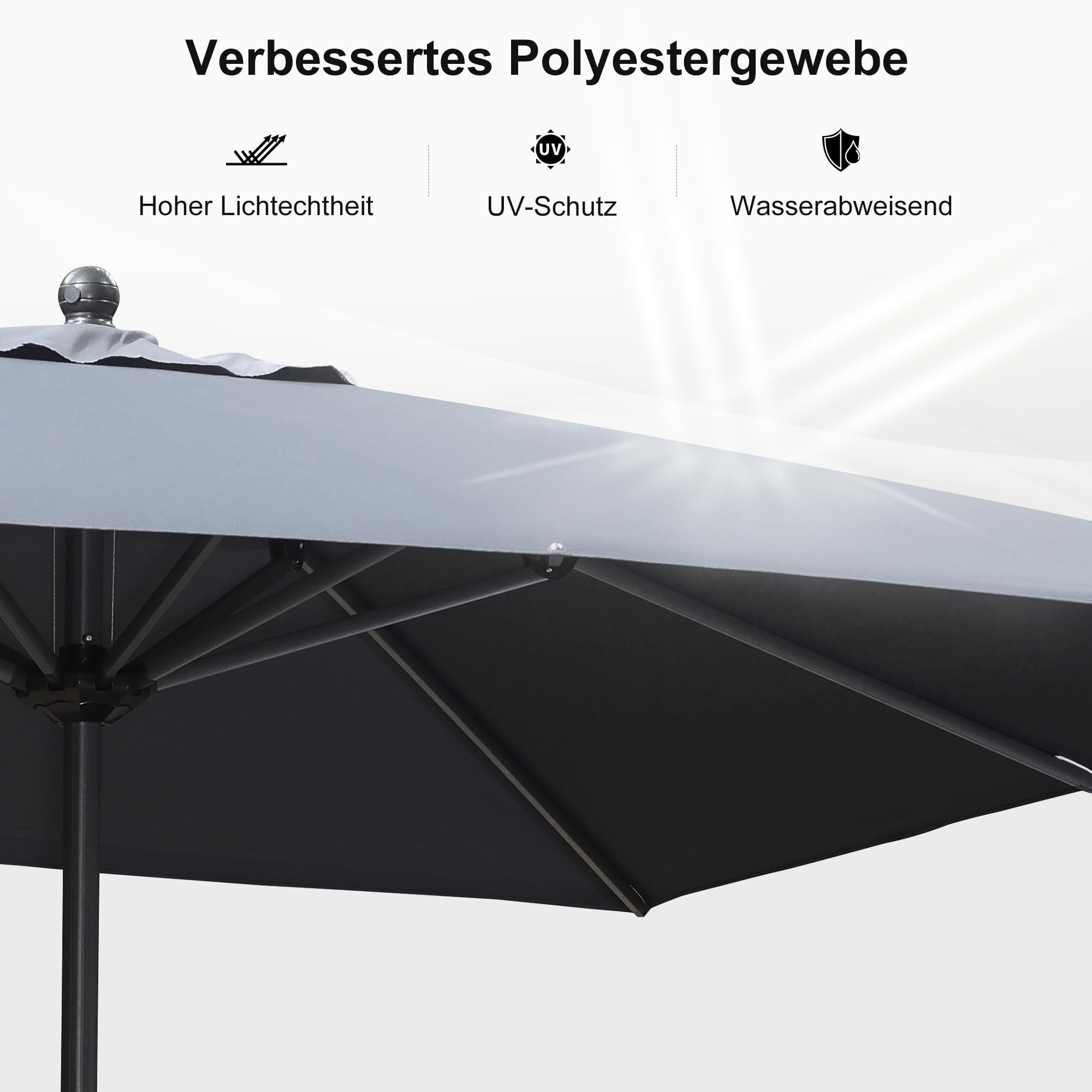 PURPLE LEAF Sonnenschirm 180 × 120 cm Alu mit Kurbel & Knickfunktion Grau | Aluguss-Griff, 8 stabile Stahlrippen, Farbechtes Polyester, Knickfunktion, Robustes Aluminium, Marktschirm Rostfreies Gestell