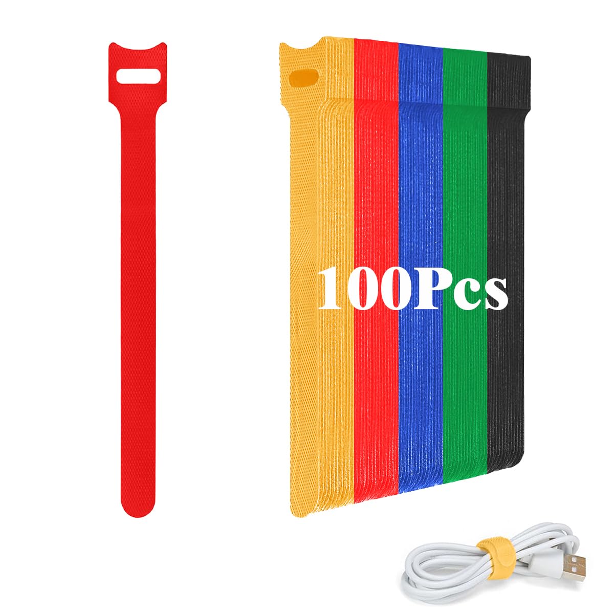 100 PCS Cable Ties Reusable - 150x12 mm Adjustable Cable Straps Nylon Charging Cord Hook and Loop Securing Tape Wire Tidy Straps Organiser, Ideal for Electronics Headphones - Multicolored