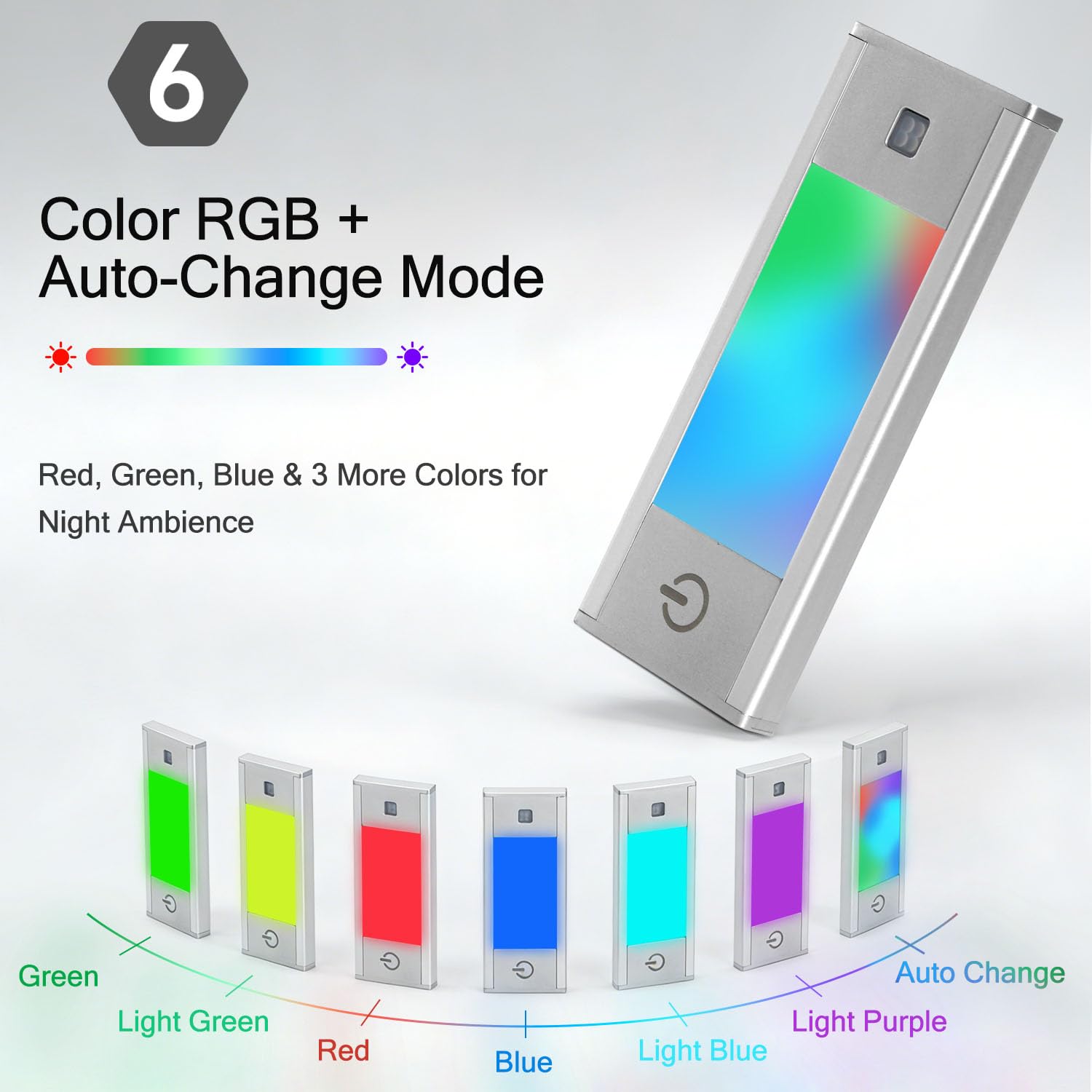 V4light Luz nocturna con sensor de movimiento RGB, luces de escalera recargables de 6 colores, luz LED magnética con apagado automático, control táctil, para pasillo, escaleras, vitrina (paquete de 6)