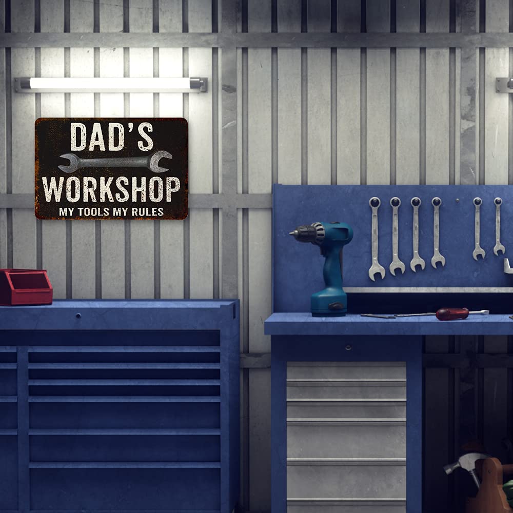 Dad's Workshop Sign - High Gloss Metal Man Cave Decor, 6" X 18", Made In USA, Rustic Bar & Garage Plaque