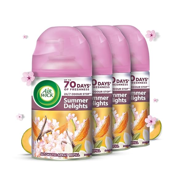 Airwick Summer Delights -250 ml x 4 (Buy 3 Get 1 Free) Freshmatic Automatic Air Freshener Refill | 2600 Sprays Guaranteed | Automatic Room Freshener, Bathroom Freshener and Room Spray