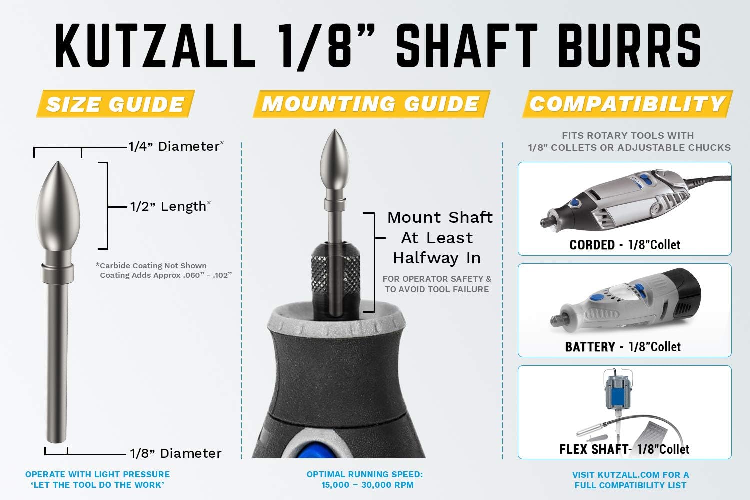 Kutzall 4-Piece Rotary Burr Detail Kit, 1⁄8" Shaft, Fine, Wood Carving Bit for Dremel Foredom, Ryobi, Milwaukee Tools - Image 3