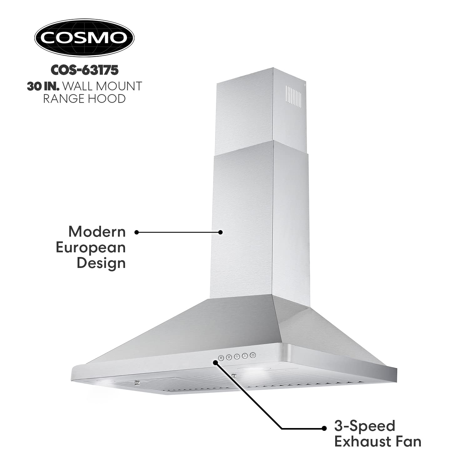 Cosmo 63175 30 in. Wall Mount Range Hood with Efficient Airflow, Ducted