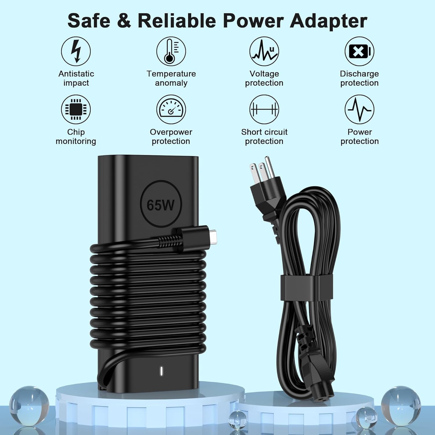 65W Dell Laptop Charger USB C, Computer Power Cord for Laptops, Replacement Dell Chromebook Charger 3100 3110 3400, Latitude 5420 5520 7420 5400 5300 5500, XPS 13 Adapter, 9Ft Type C USBC Supply