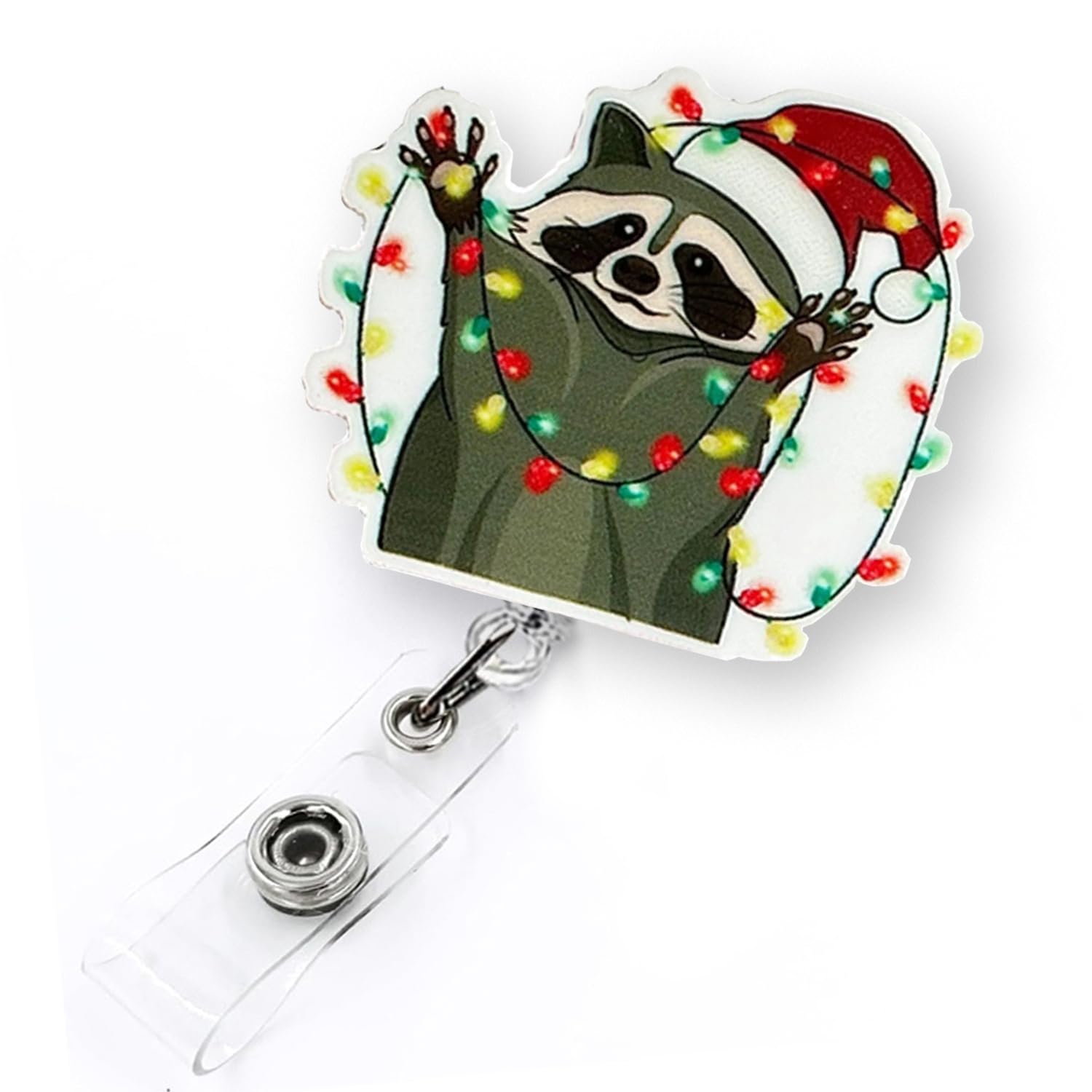 Funny Raccoon Christmas Badge Reel Retractable for Nurse Nursing RN CNA LPN Medical Worker & Teacher, Cute Nurse Gifts, Raccoon Holiday ID Badge Holder with Alligator Clip & 24” Durable Nylon Cord — image 1