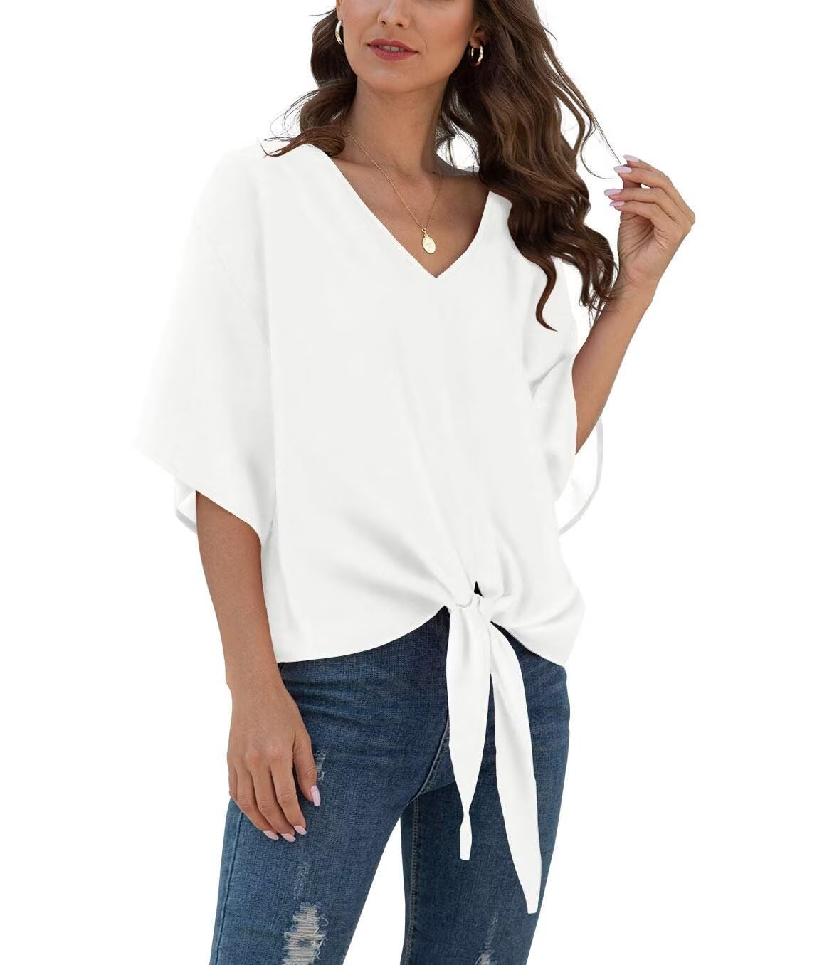Bluse Damen Sommer Chiffon Tunika Tops Kurzarm Elegant Oberteile V-Ausschnitt Loose Casual Tie Front Trompetenärmel T Shirts S-2XL