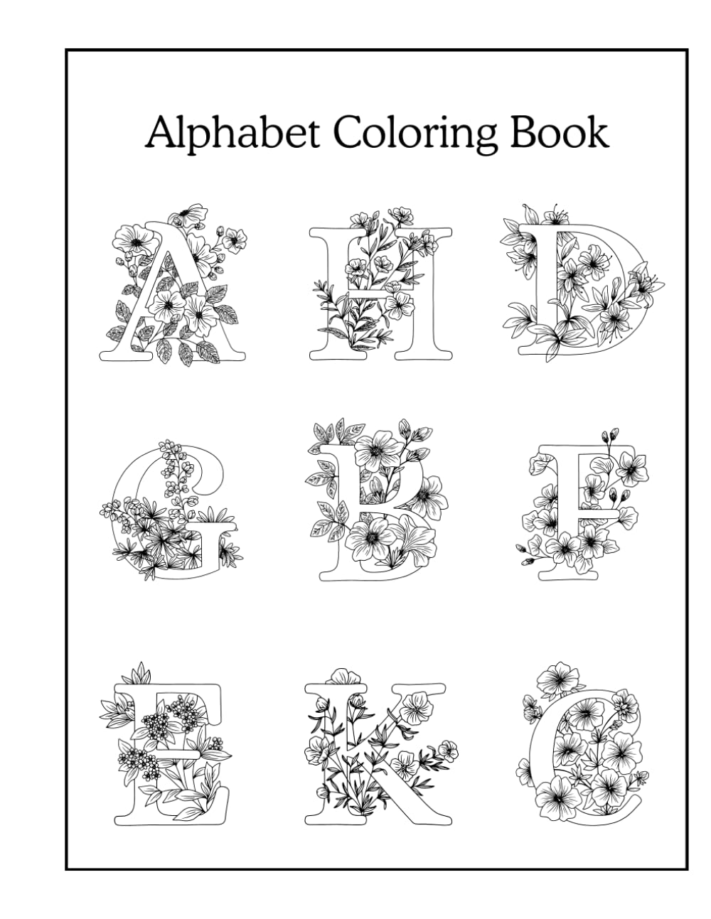 Floral Alphabet Coloring Pages Worksheet in Black and White Illustrative Style