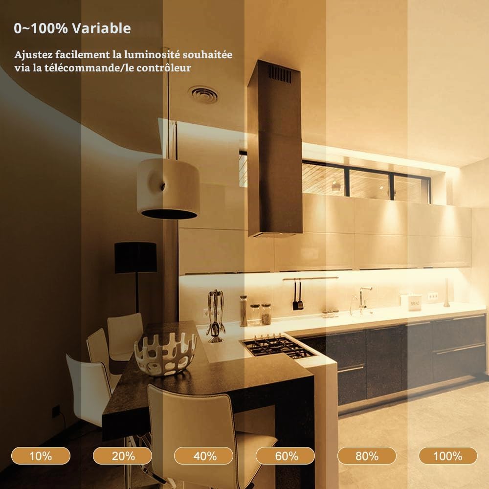 Bande LED COB de 20 m - Blanc chaud - 3000 K - 24 V - Intensité variable - Flexible - Avec bloc d'alimentation et télécommande RF - CRI 90+ - Pour décoration d'intérieur, escaliers, cuisine