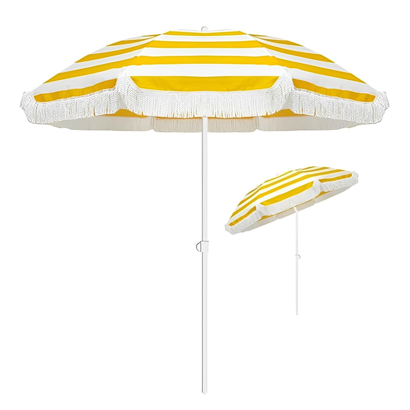 160 cm Parasol Ogrodowy, Parasol Plażowy Pochylany, Parasol na Plażę z Frędzlami, Składany Parasol Tarasowy, Żółty Pasek