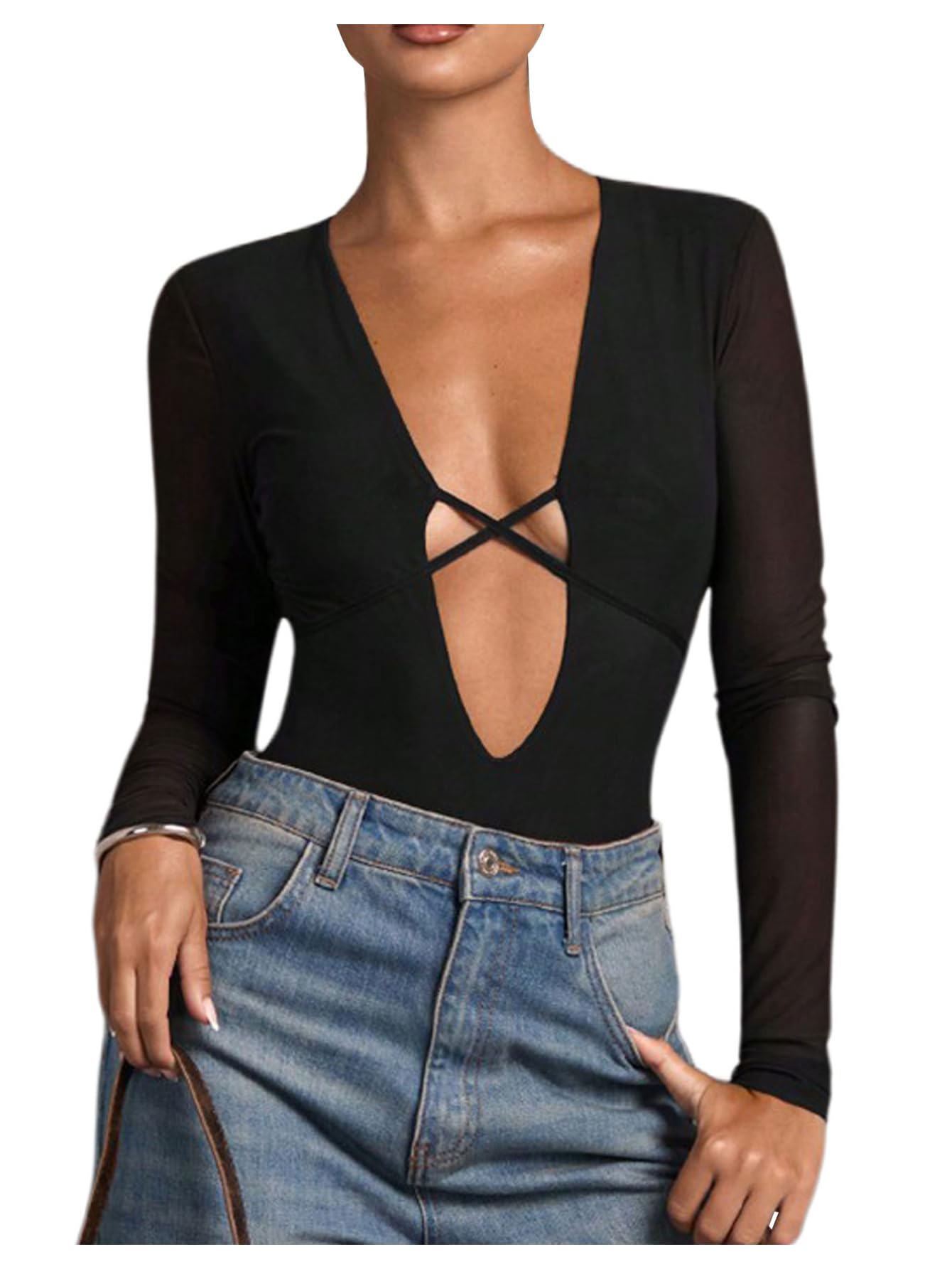 Women's Deep V Neck Long Sleeve Bodysuits One Piece Leotard Party Tee Tops