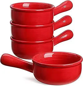 LE TAUCI Tigelas de sopa de cebola francesa, tigelas de sopa de cerâmica de 425 g com alças, para pimenta, ensopado de carne, forno no micro-ondas, lava-louças, conjunto de 4, vermelho