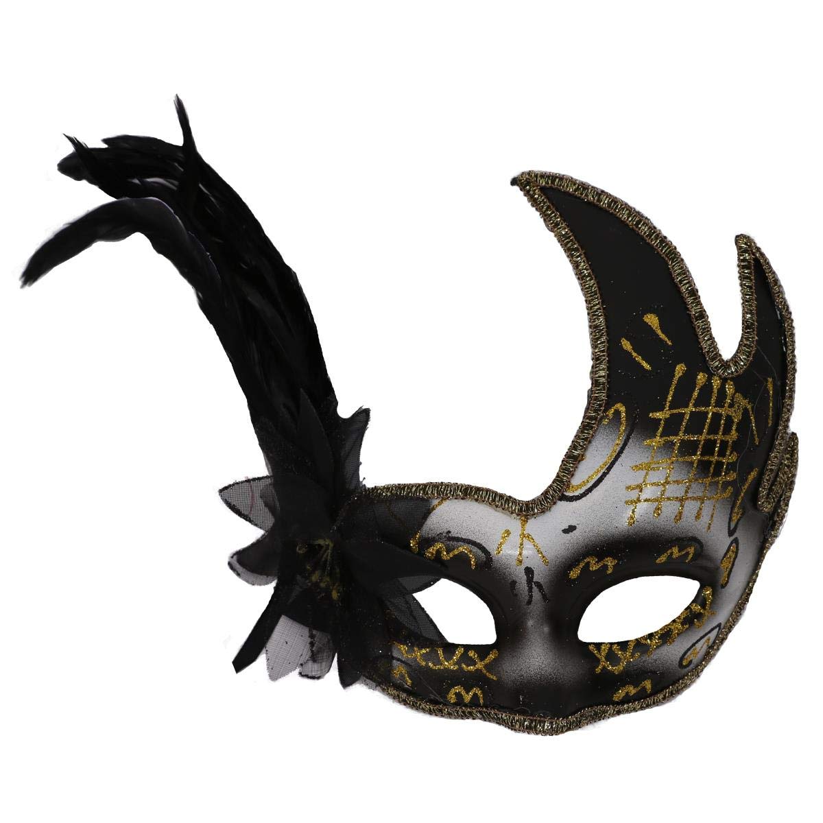 MASQUERADE MASKS FANCY DRESS COSTUME ACCESSORIES - BLACK, WHITE AND GOLD MASQUERADE MASK CLASSIC DESIGN GLITTER DECORATIVE FACE MASKS WITH BLACK ROSE AND FEATHERS