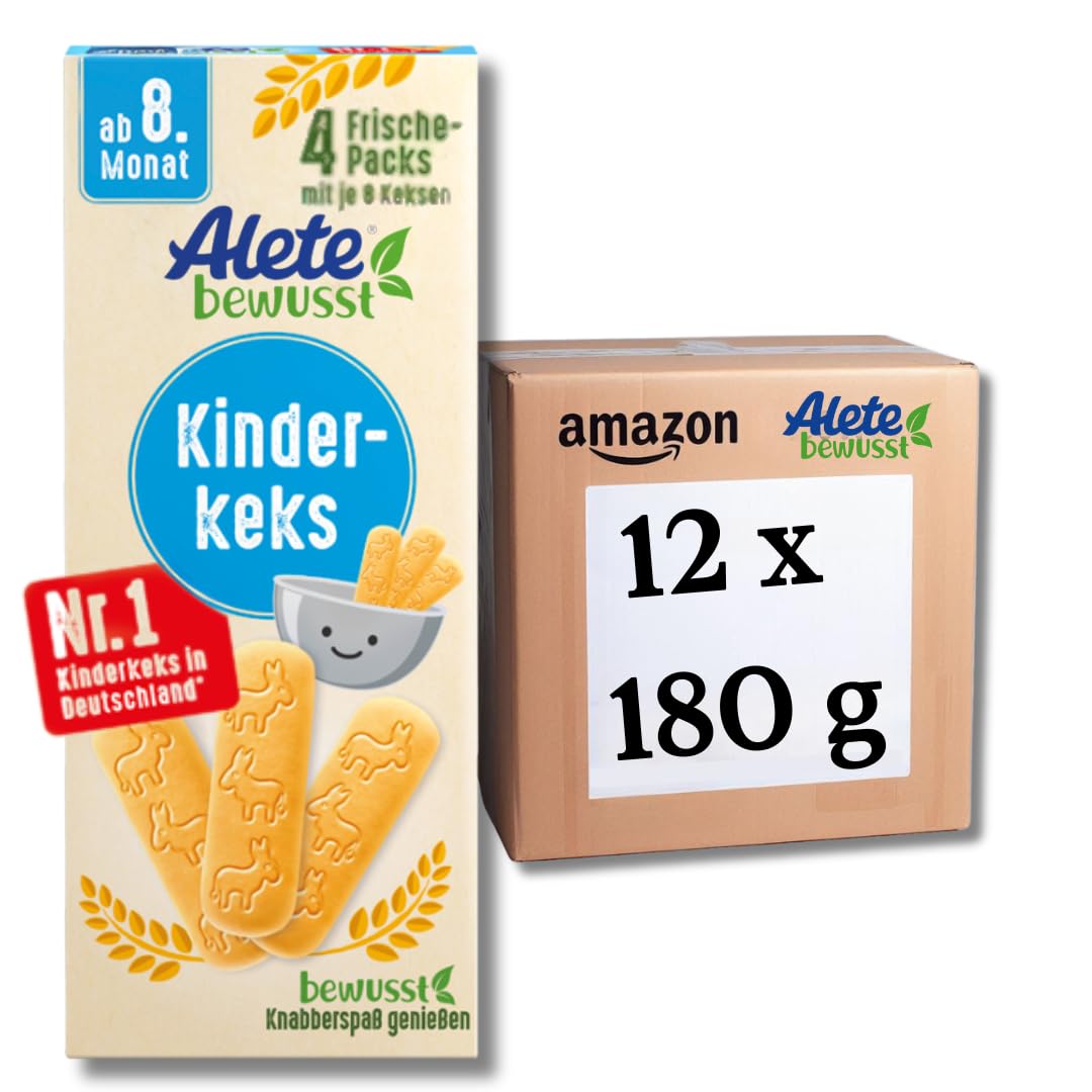 Alete bewusst Kinderkeks, ab dem 8. Monat, Butterkeks aus Weizen für Kinder, handlich verpackte Kekse als kleiner Snack, perfekt für unterwegs & zwischendurch, 12 x 180 g