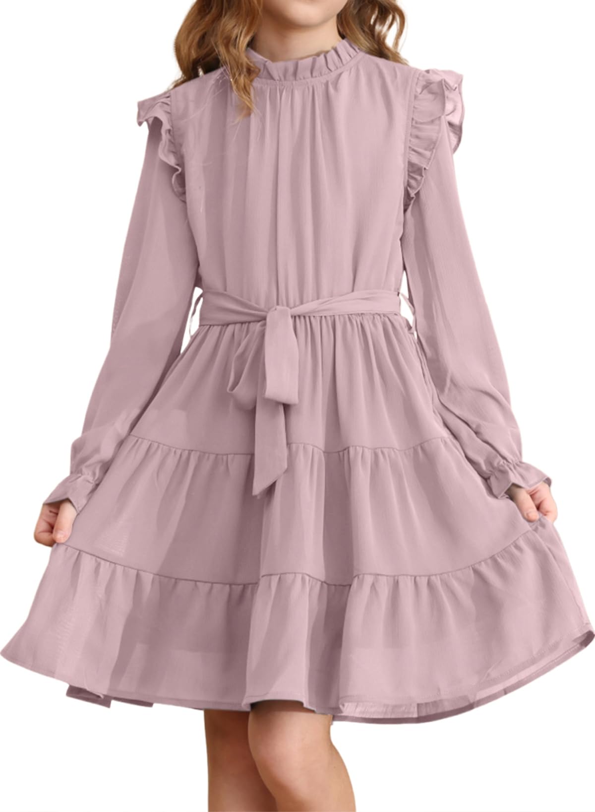 blibean Vestidos de otoño de manga larga para niñas, estilo casual, con volantes, con cinturón, talla 4-15 años